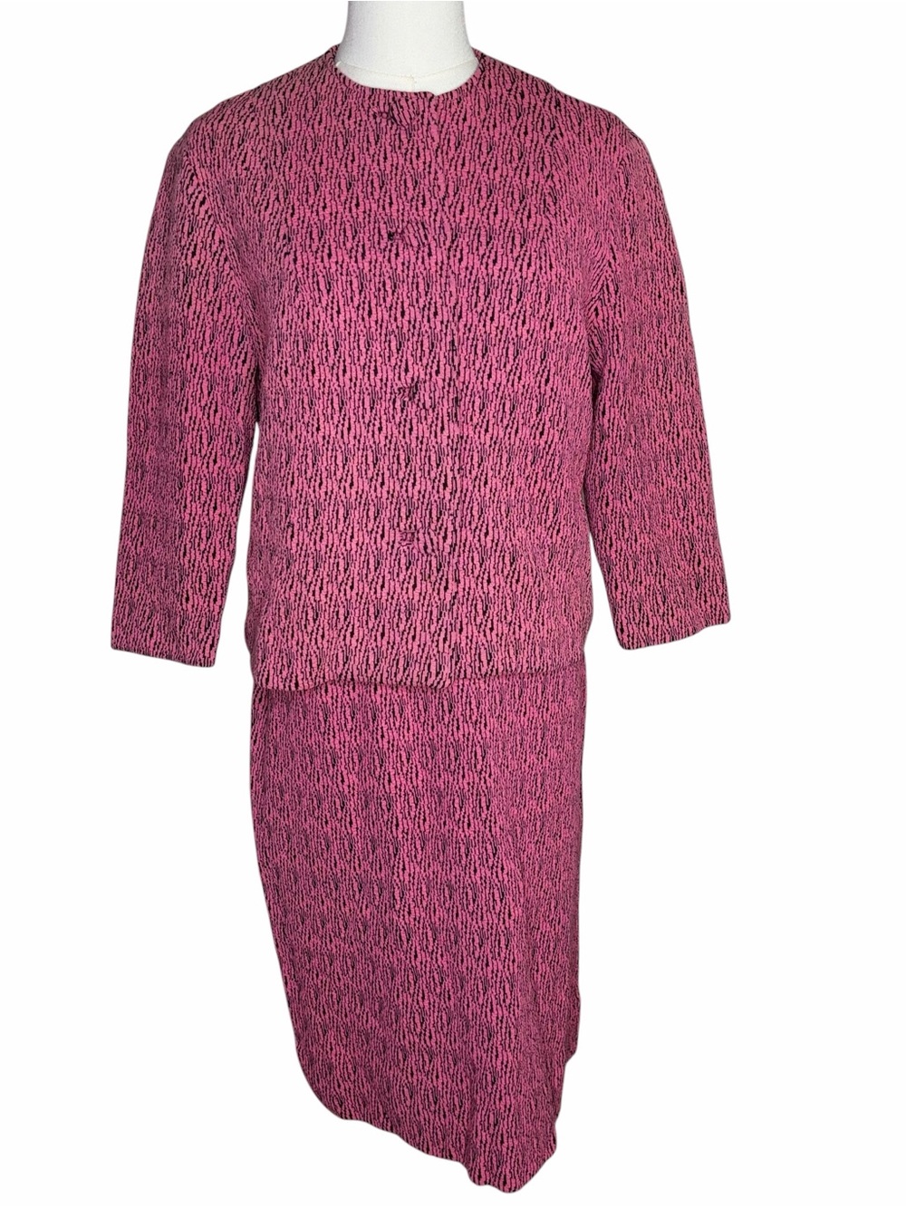 VTG 70s Pink Black Matching Skirt Suit Set Blazer Work Corporate Office